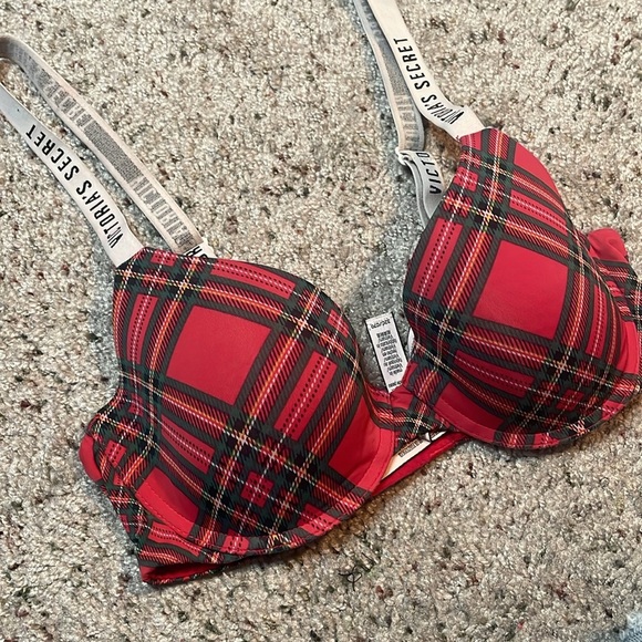 Victoria’s Secret Lightly Lined T-Shirt Red Plaid‎ Logo Strap Bra Size 32C - Picture 2 of 5